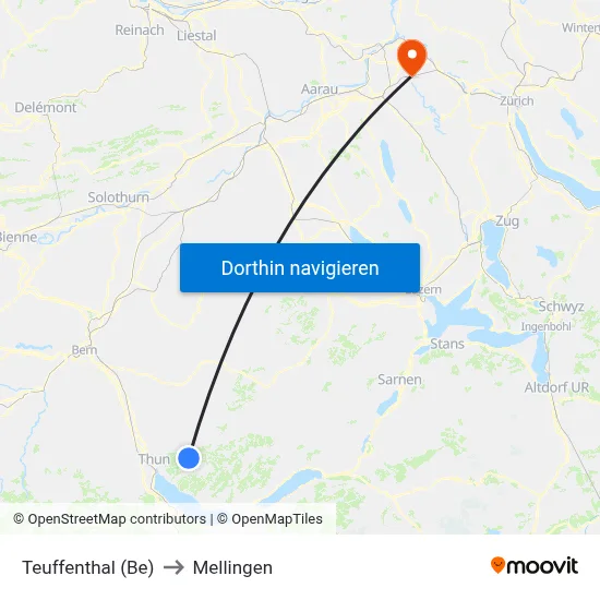 Teuffenthal (Be) to Mellingen map