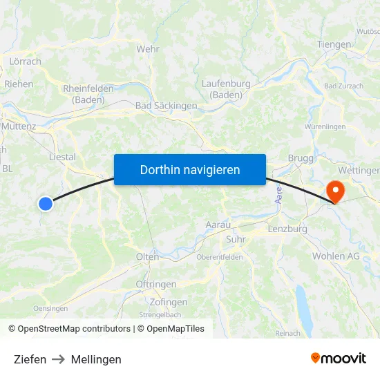 Ziefen to Mellingen map