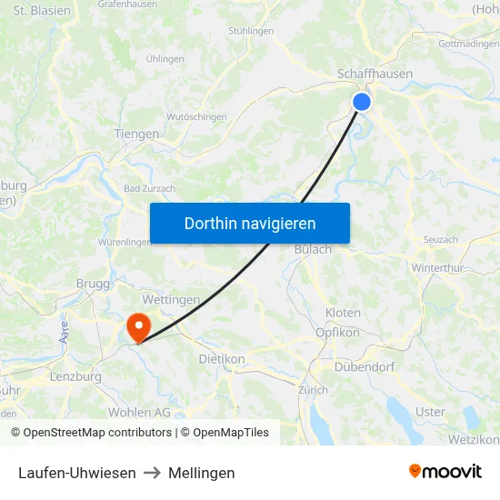 Laufen-Uhwiesen to Mellingen map