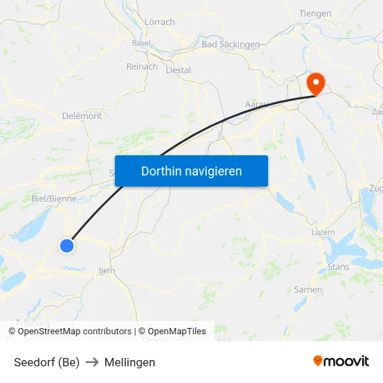 Seedorf (Be) to Mellingen map