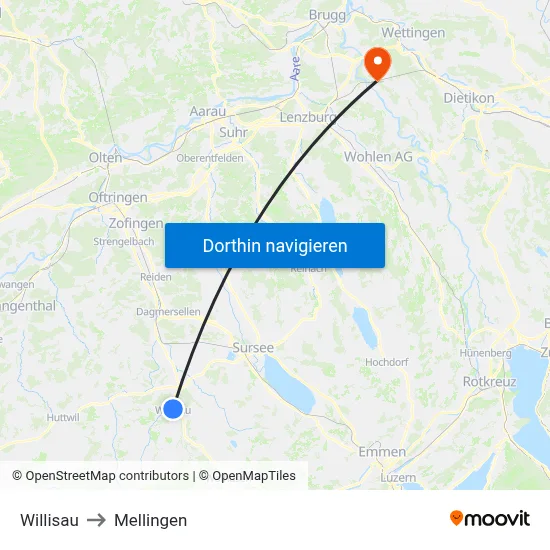 Willisau to Mellingen map