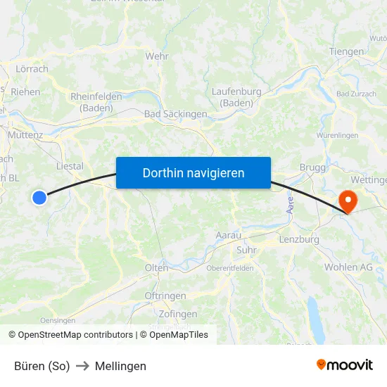 Büren (So) to Mellingen map