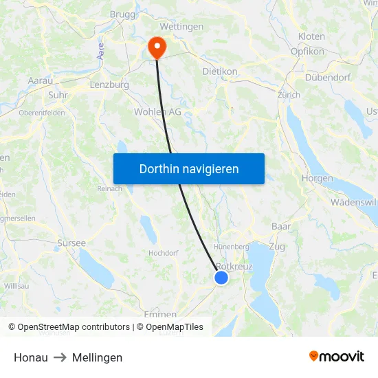 Honau to Mellingen map