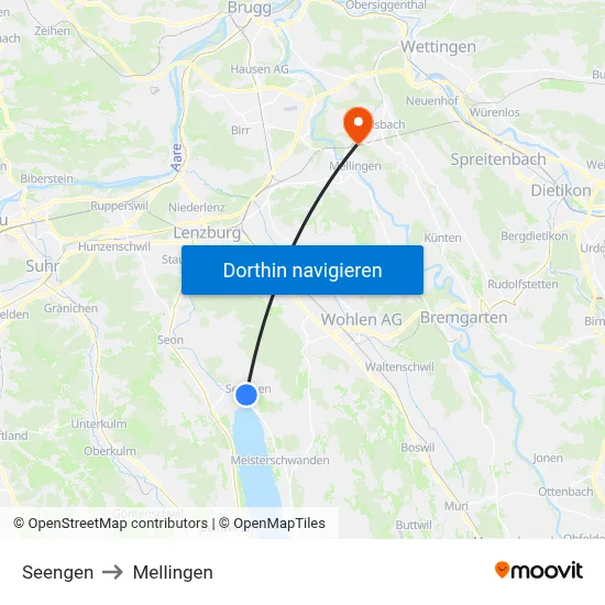 Seengen to Mellingen map