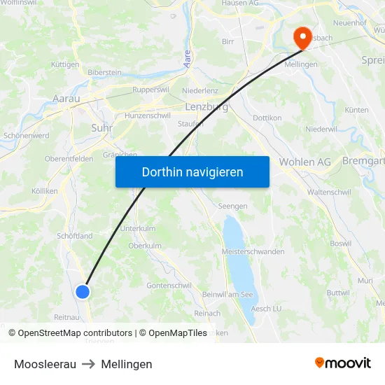 Moosleerau to Mellingen map