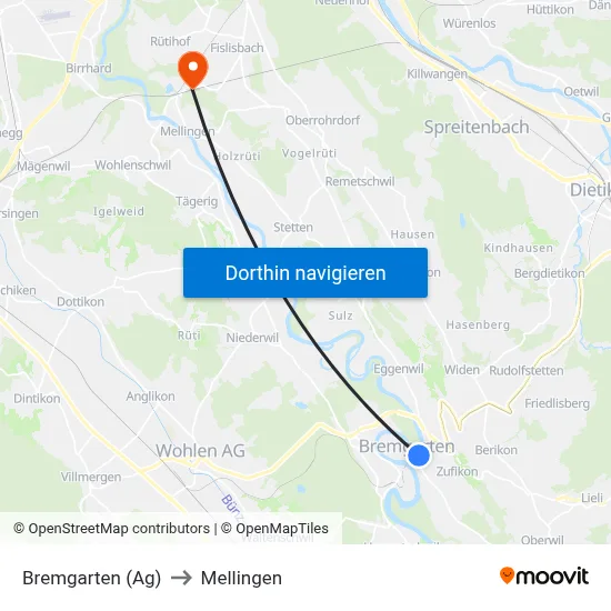 Bremgarten (Ag) to Mellingen map