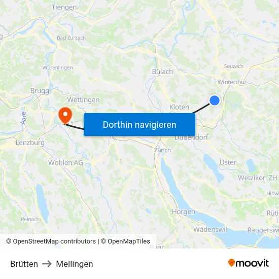 Brütten to Mellingen map