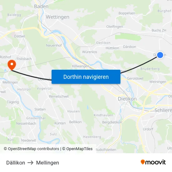 Dällikon to Mellingen map