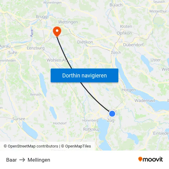 Baar to Mellingen map
