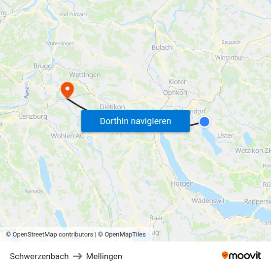 Schwerzenbach to Mellingen map