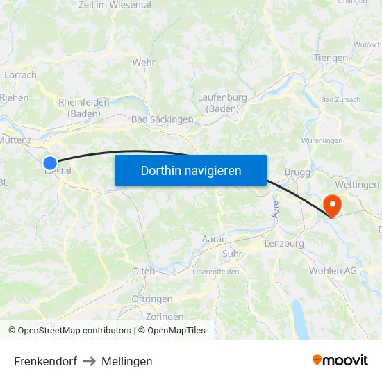 Frenkendorf to Mellingen map