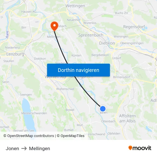 Jonen to Mellingen map