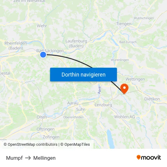 Mumpf to Mellingen map