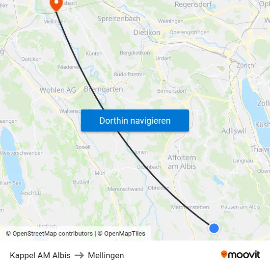 Kappel AM Albis to Mellingen map