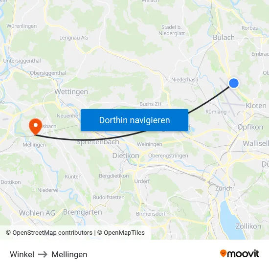 Winkel to Mellingen map
