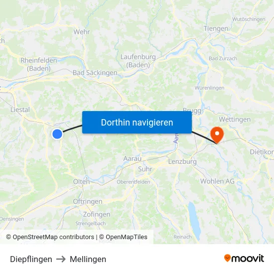 Diepflingen to Mellingen map