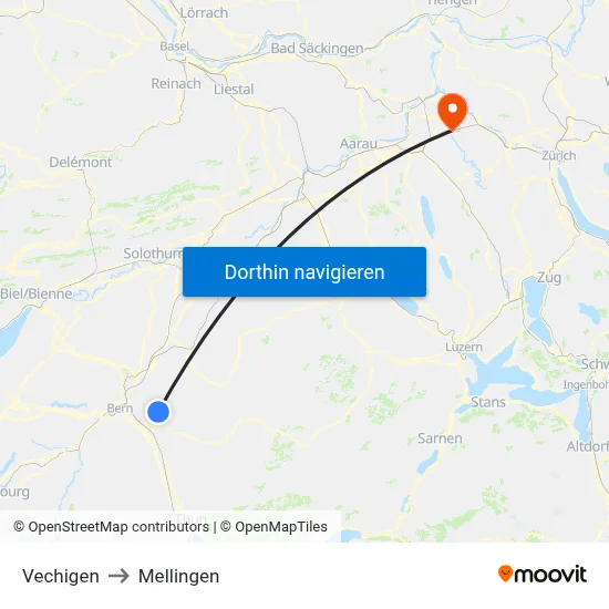 Vechigen to Mellingen map