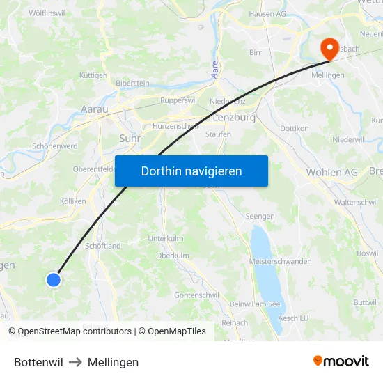 Bottenwil to Mellingen map