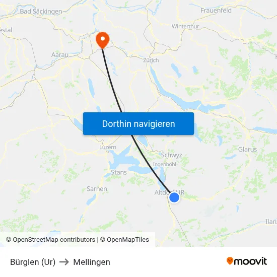 Bürglen (Ur) to Mellingen map