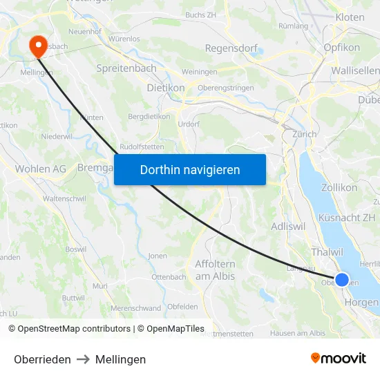 Oberrieden to Mellingen map