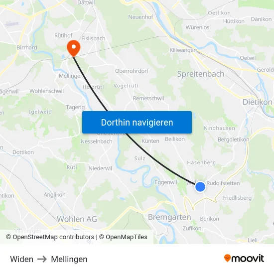 Widen to Mellingen map