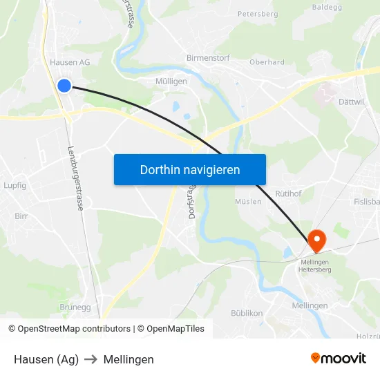 Hausen (Ag) to Mellingen map