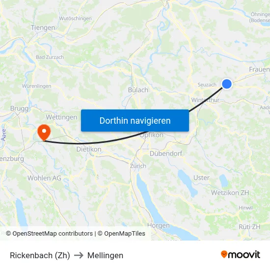 Rickenbach (Zh) to Mellingen map