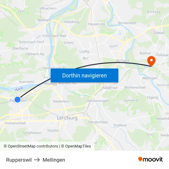 Rupperswil to Mellingen map