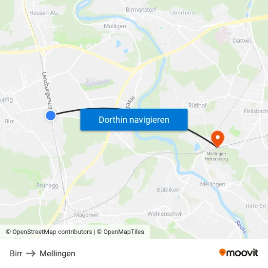 Birr to Mellingen map