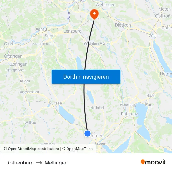 Rothenburg to Mellingen map
