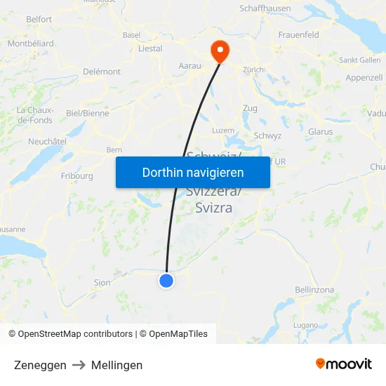 Zeneggen to Mellingen map