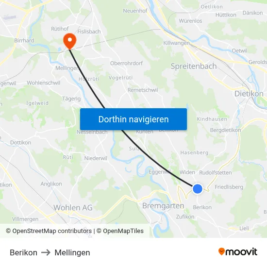 Berikon to Mellingen map