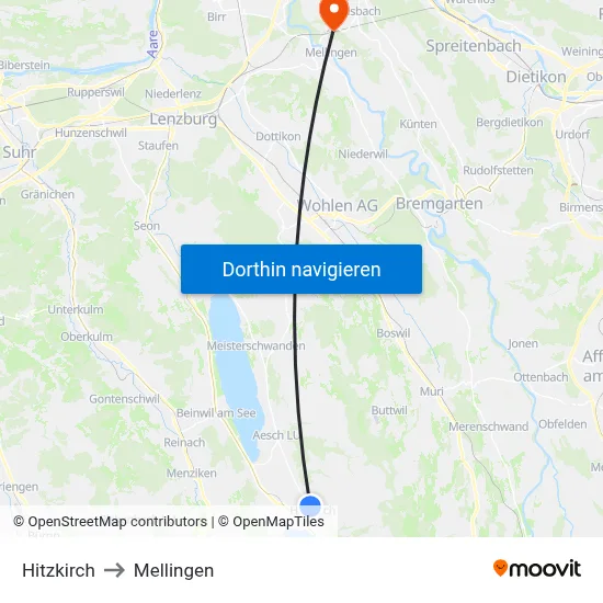 Hitzkirch to Mellingen map