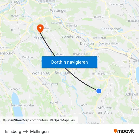 Islisberg to Mellingen map