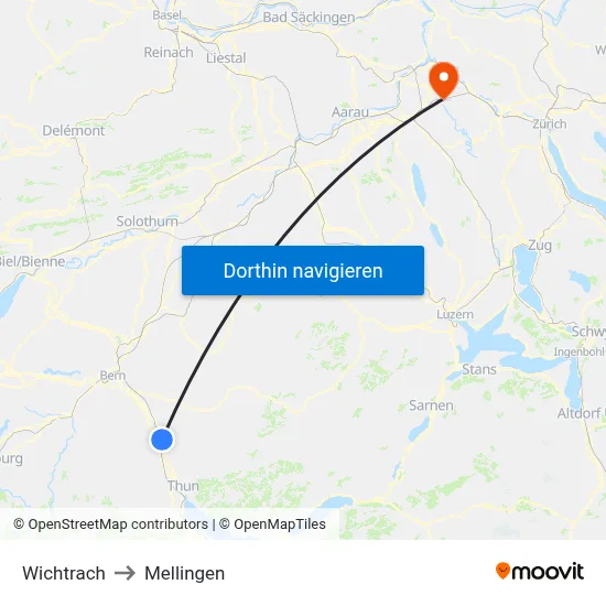 Wichtrach to Mellingen map