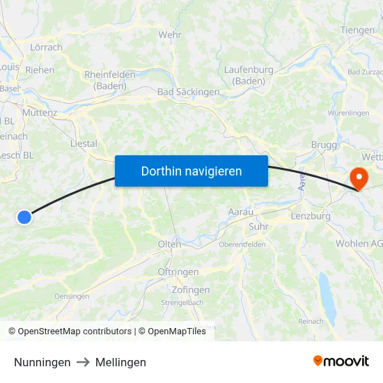 Nunningen to Mellingen map