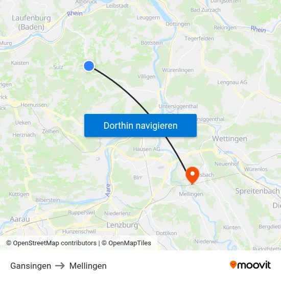 Gansingen to Mellingen map