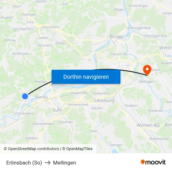 Erlinsbach (So) to Mellingen map