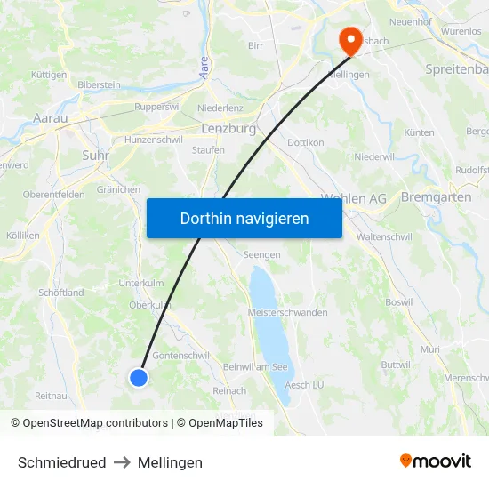 Schmiedrued to Mellingen map