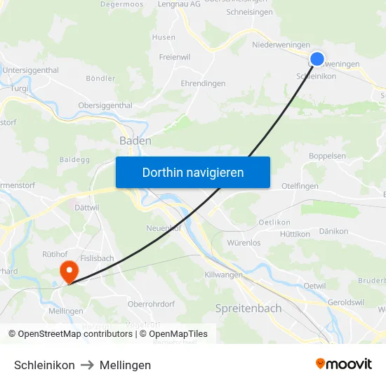 Schleinikon to Mellingen map