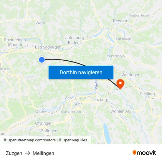 Zuzgen to Mellingen map