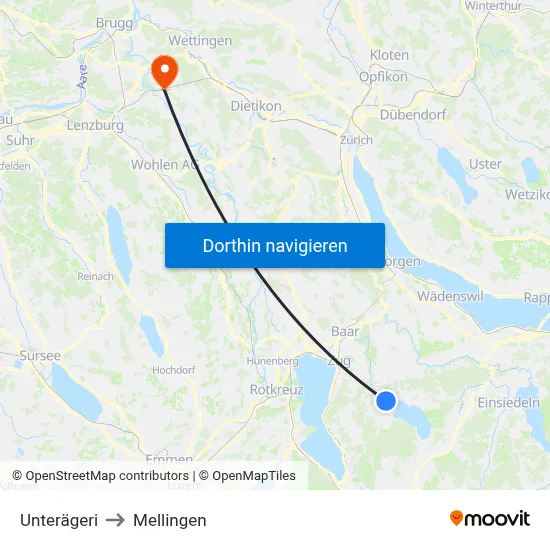 Unterägeri to Mellingen map