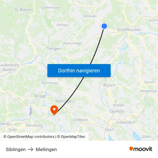 Siblingen to Mellingen map