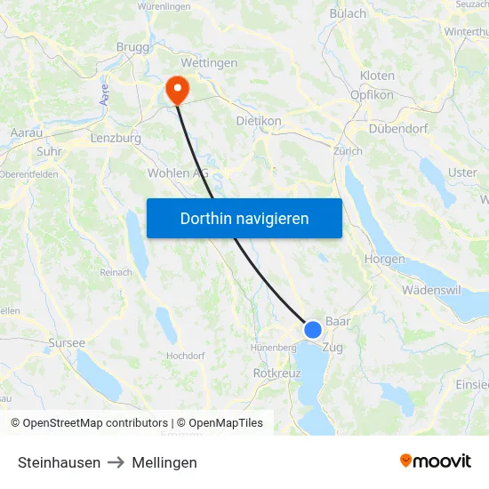 Steinhausen to Mellingen map
