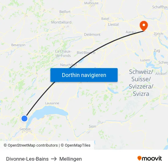 Divonne-Les-Bains to Mellingen map