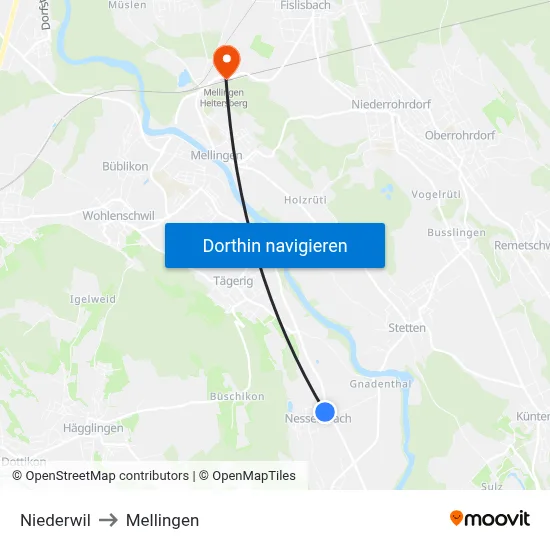 Niederwil to Mellingen map