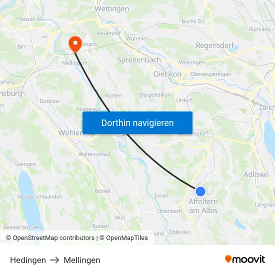 Hedingen to Mellingen map