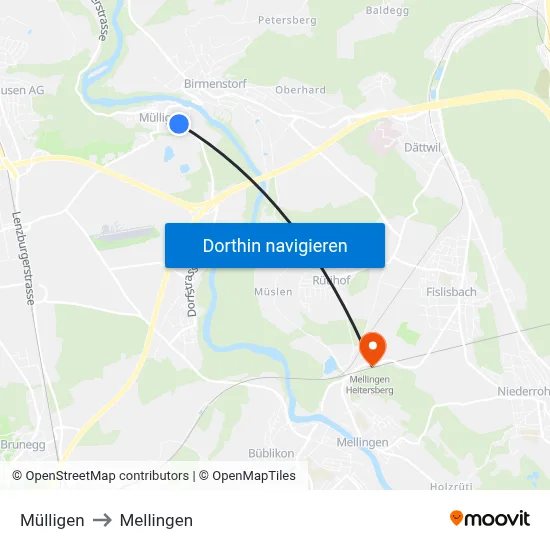 Mülligen to Mellingen map