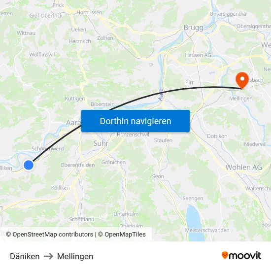Däniken to Mellingen map