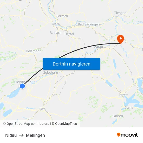 Nidau to Mellingen map